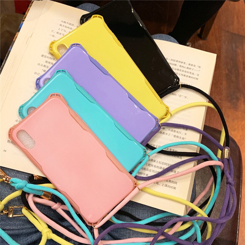Lanyard Chain Tape Necklace Candy Color Phone Case For iPhone 11 7 8 Plus X XR XS 11Pro Max Airbag Soft TPU Back Shell For Carry 🇨🇳