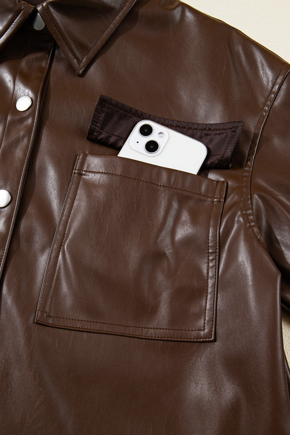 Chicory Coffee Double Flap Pocket Drawstring Hem Leather Jacket 🇺🇸