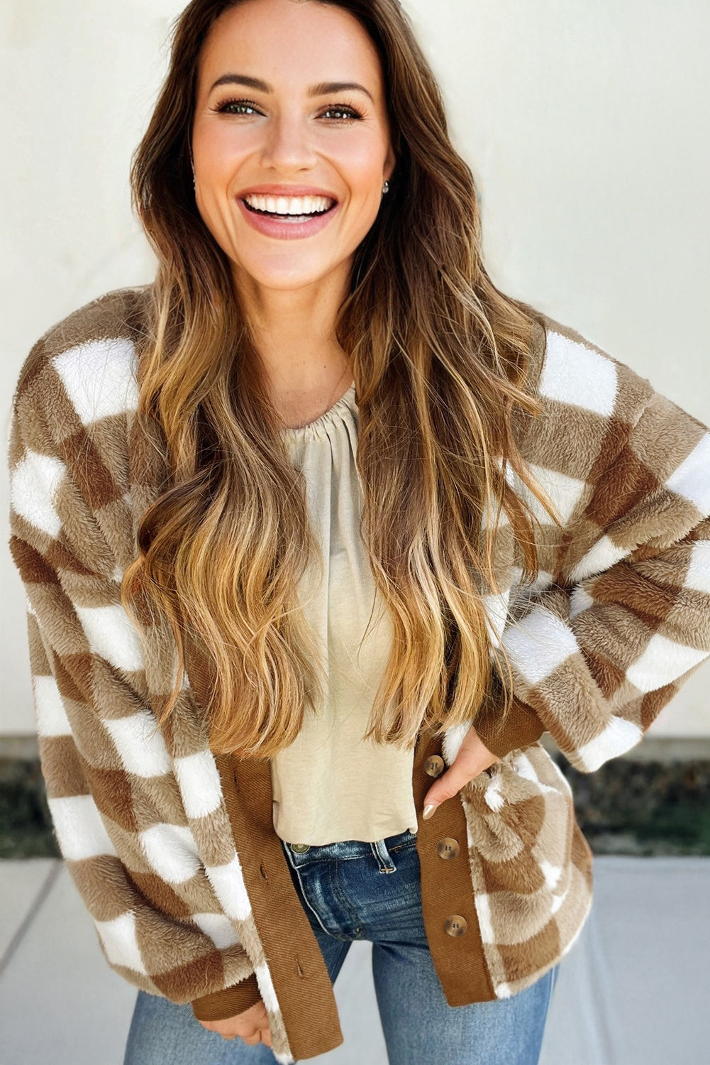 Brown Checkered Sherpa Loose Knit Cardigan with Pockets 🇺🇸