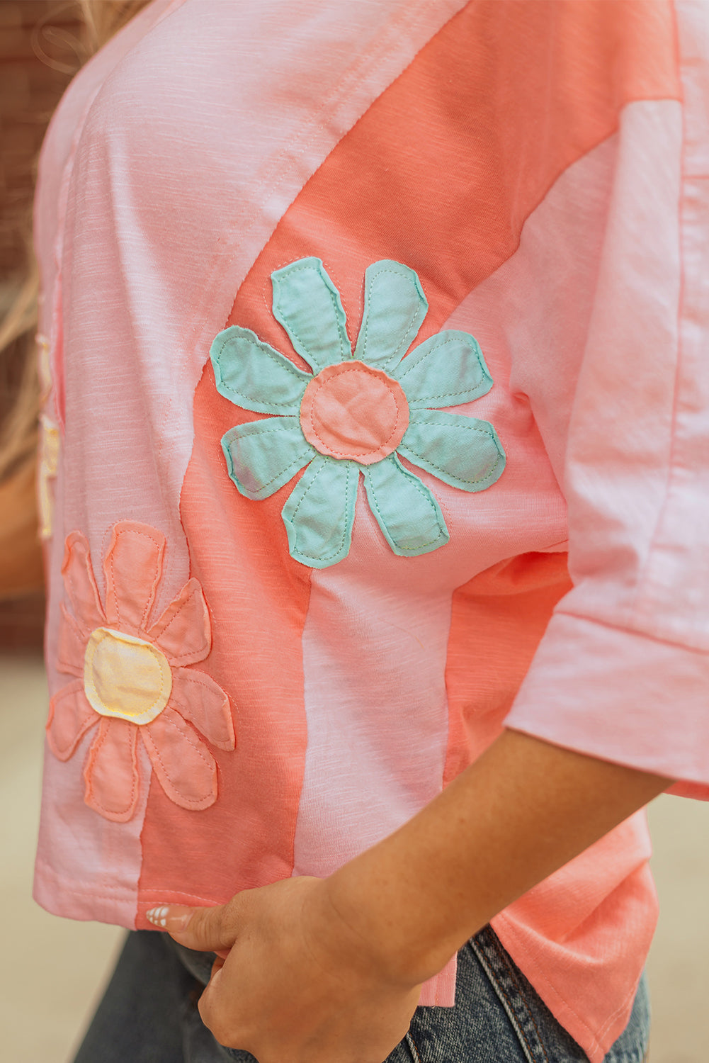 Pink Flower Patched Exposed Seam Bracelet Sleeve Oversized T Shirt 🇺🇲