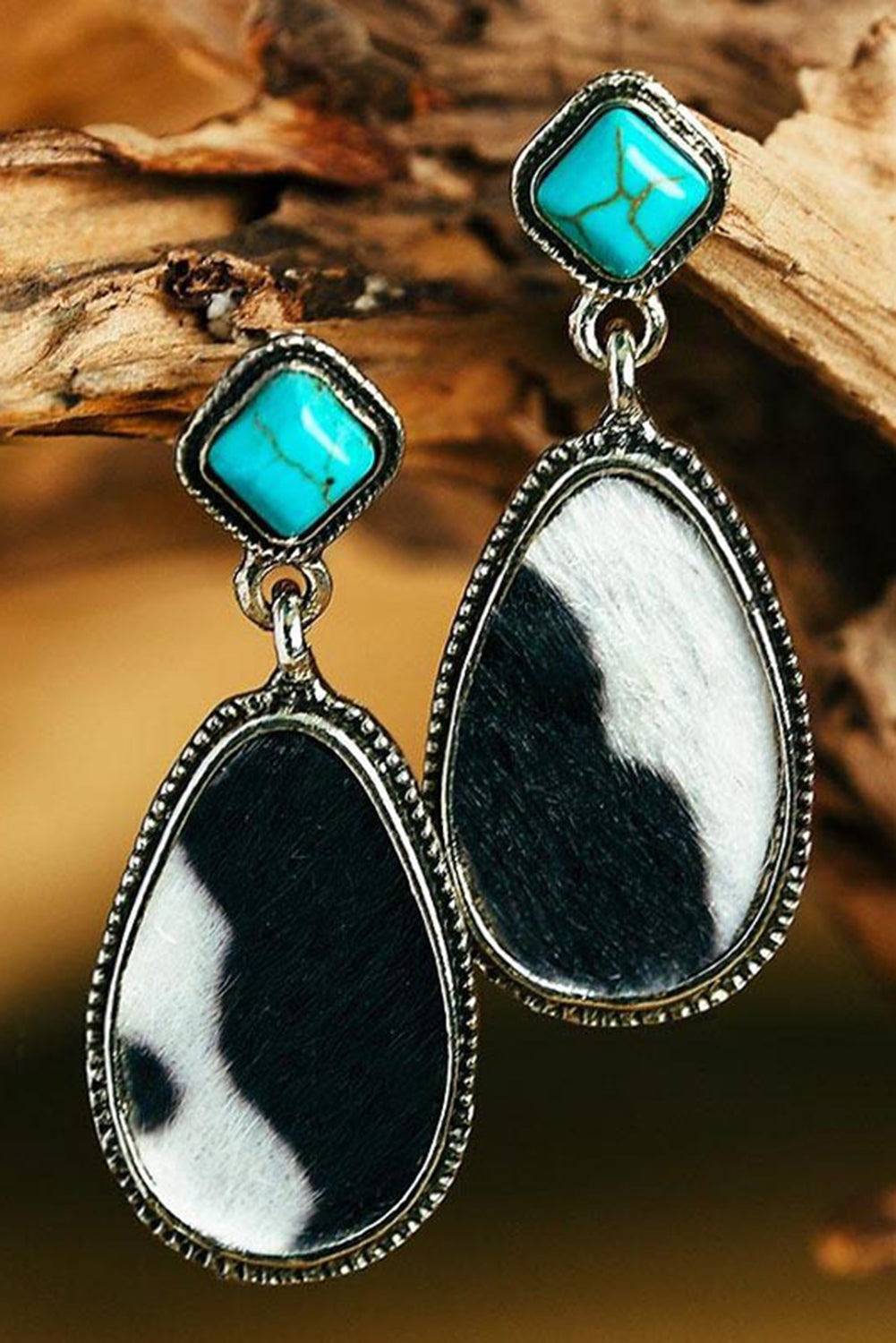 Black Cow Print Turquoise Drop Earrings 🇨🇳