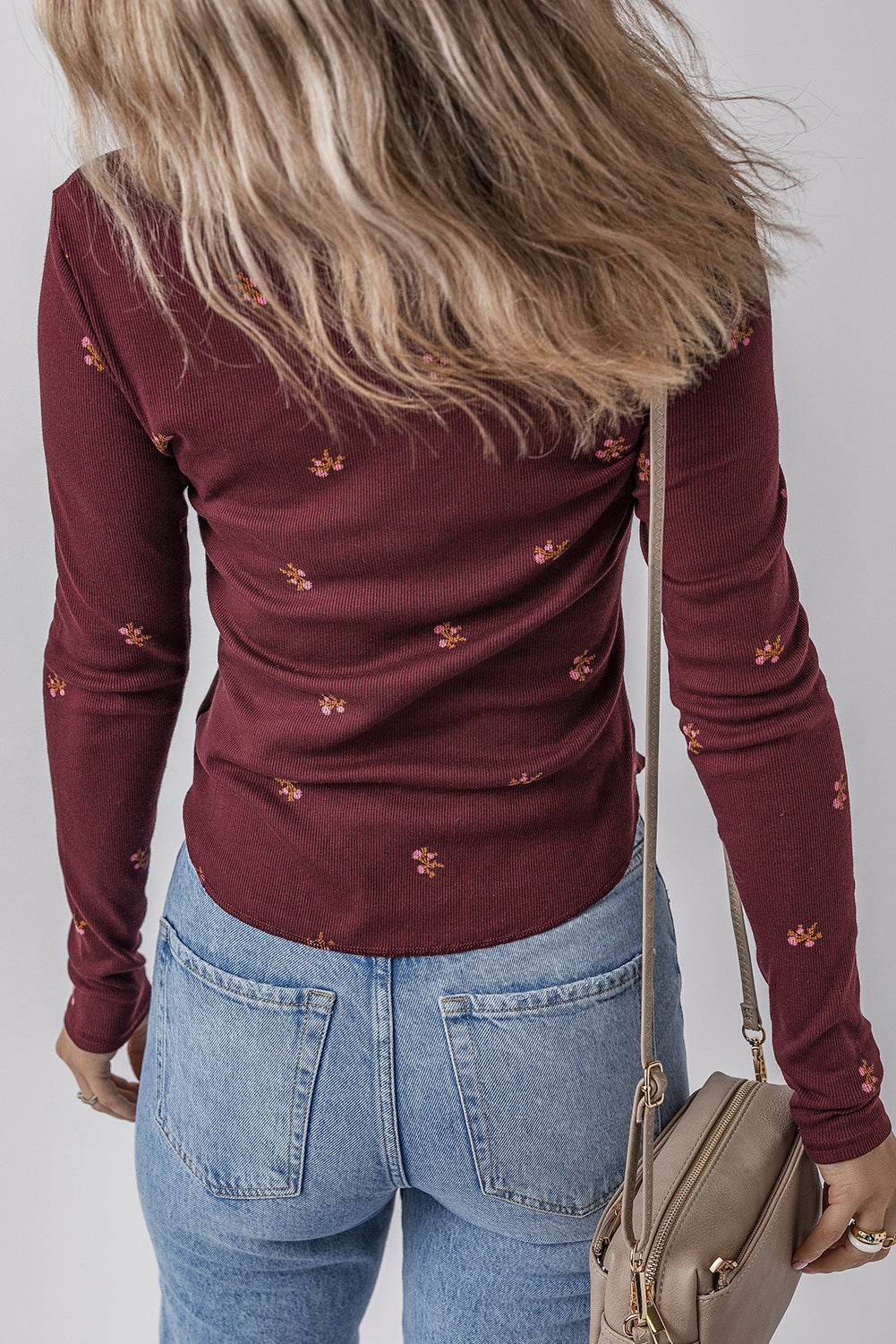 Burgundy Notched Neck Floral Print Ribbed Long Sleeve Top 🇺🇲