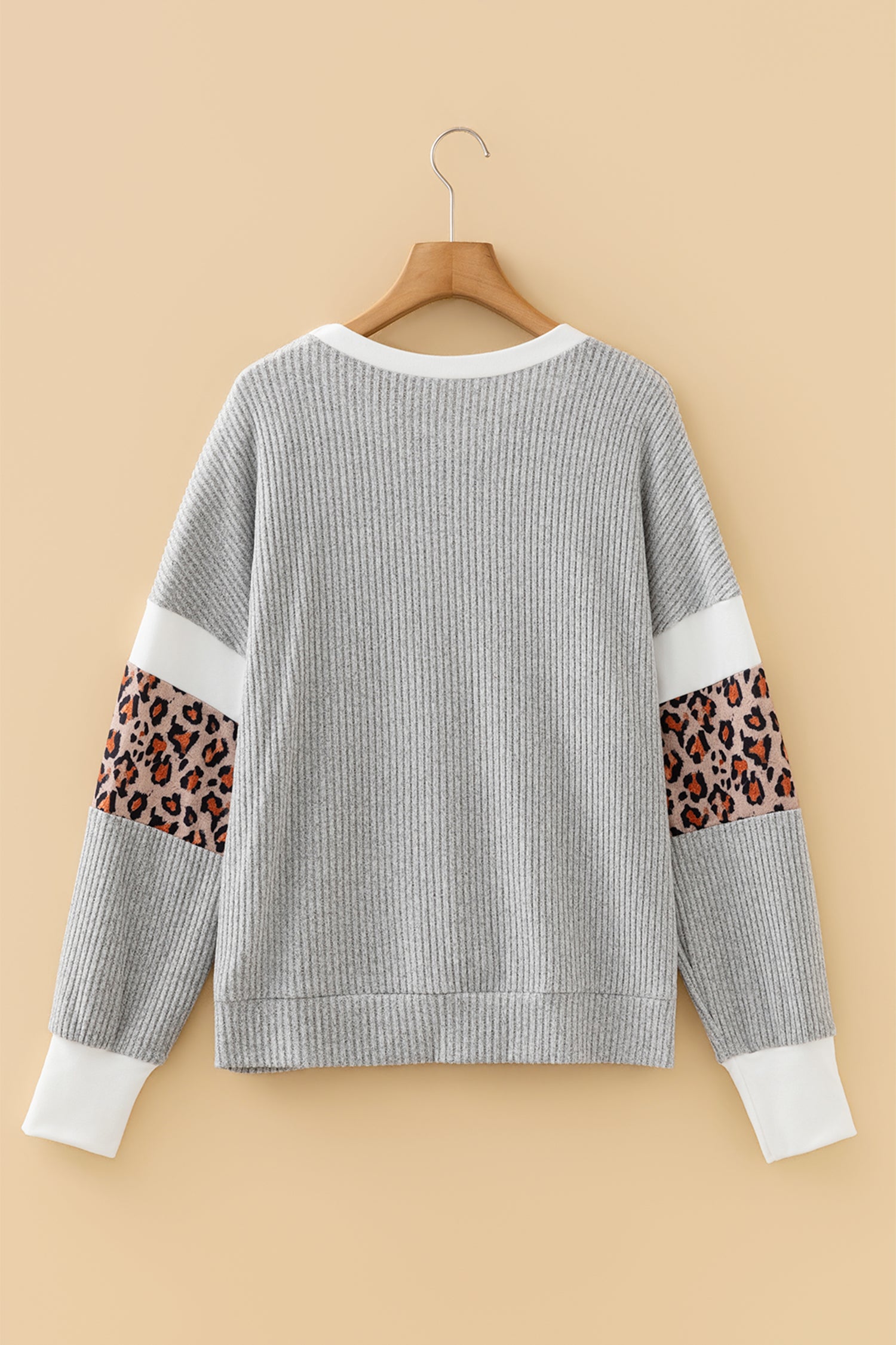 Gray Leopard Print Colorblock Patchwork Ribbed Knit Top 🇺🇸
