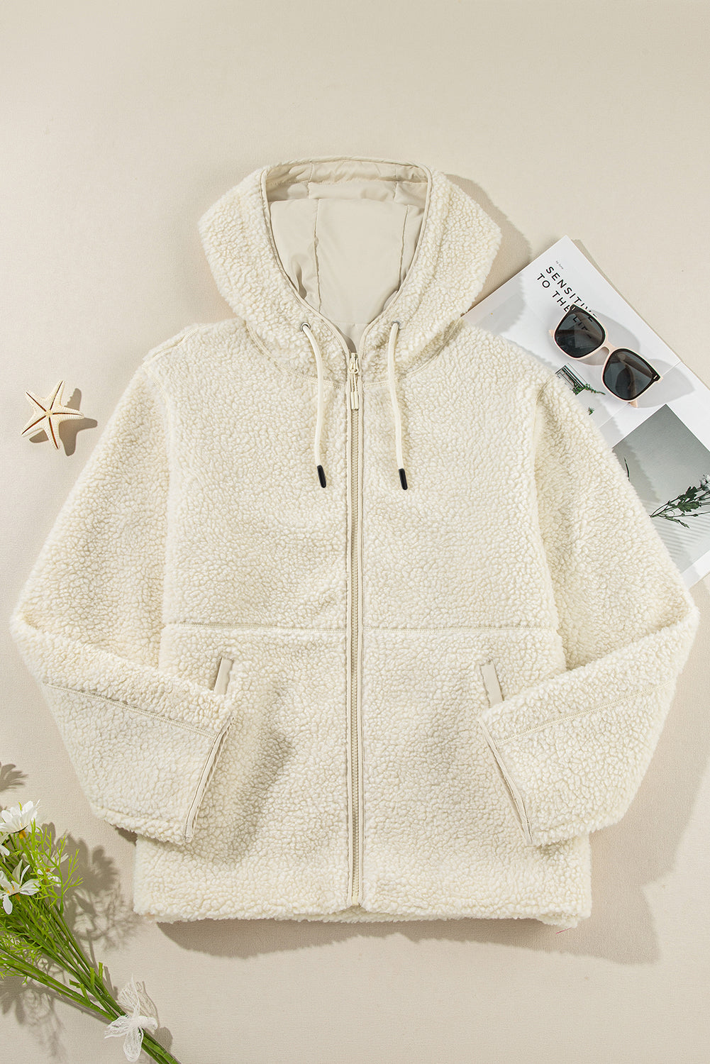 Beige Fleece Zip Up Drawstring Hooded Pocketed Jacket 🇺🇸