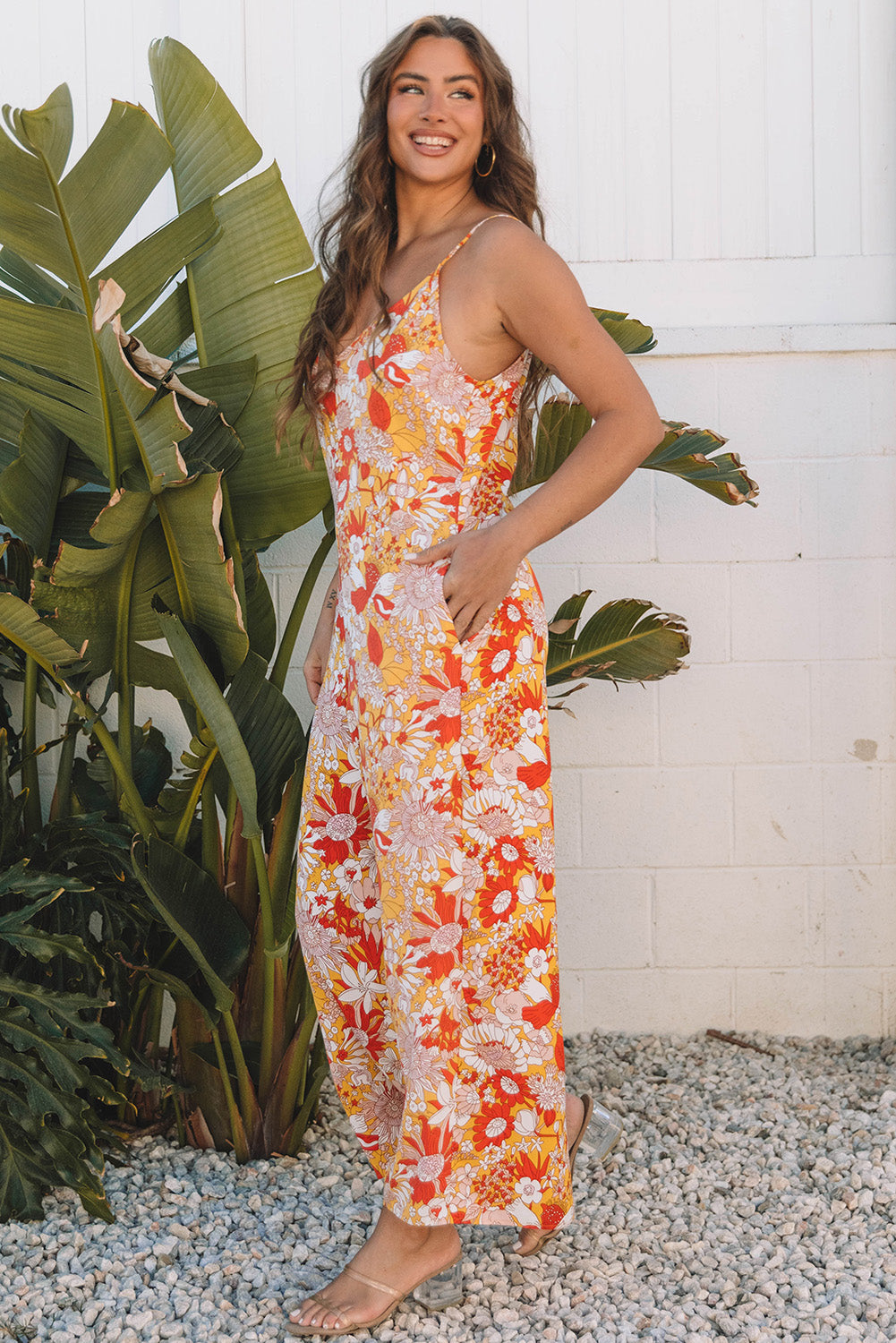 Orange Floral V Neck Wide Leg Sleeveless Jumpsuit 🇨🇳