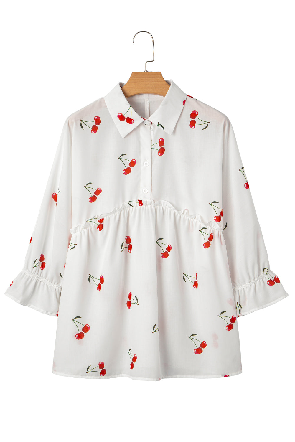 White Cherry Print Flounce Sleeve Collared Frilled Babydoll Blouse 🇺🇸