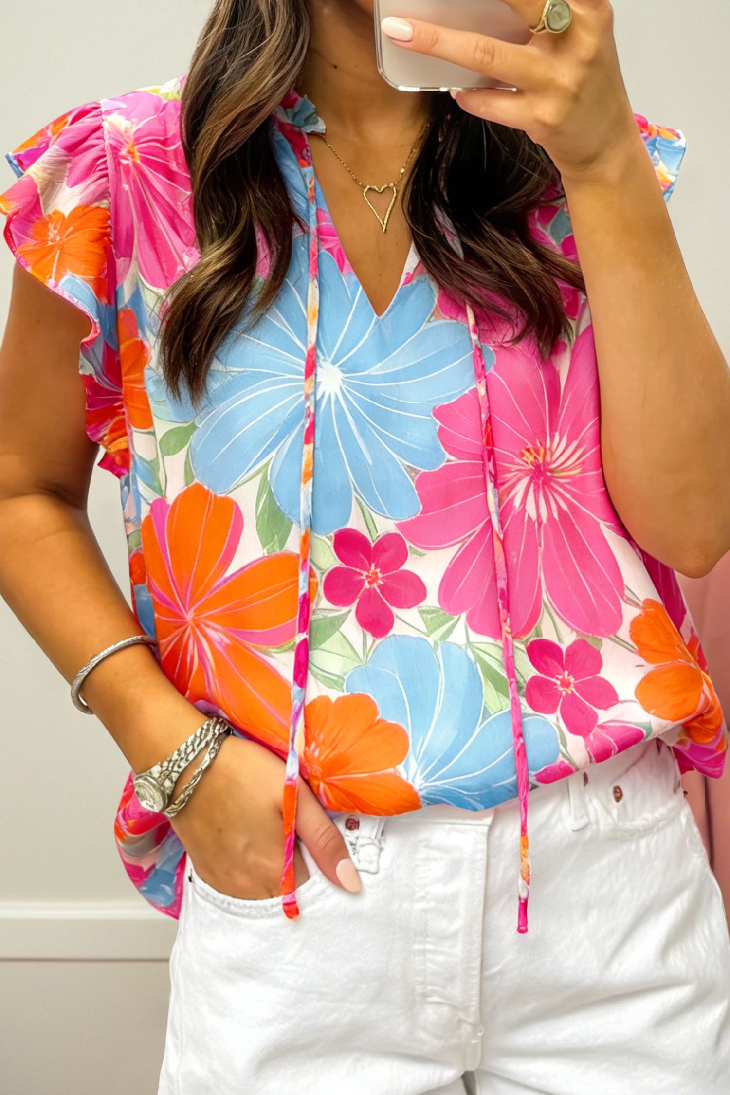 Multicolour Vibrant Flower Printed Tie V Neck Ruffle Trim Sleeveless Blouse 🇺🇸