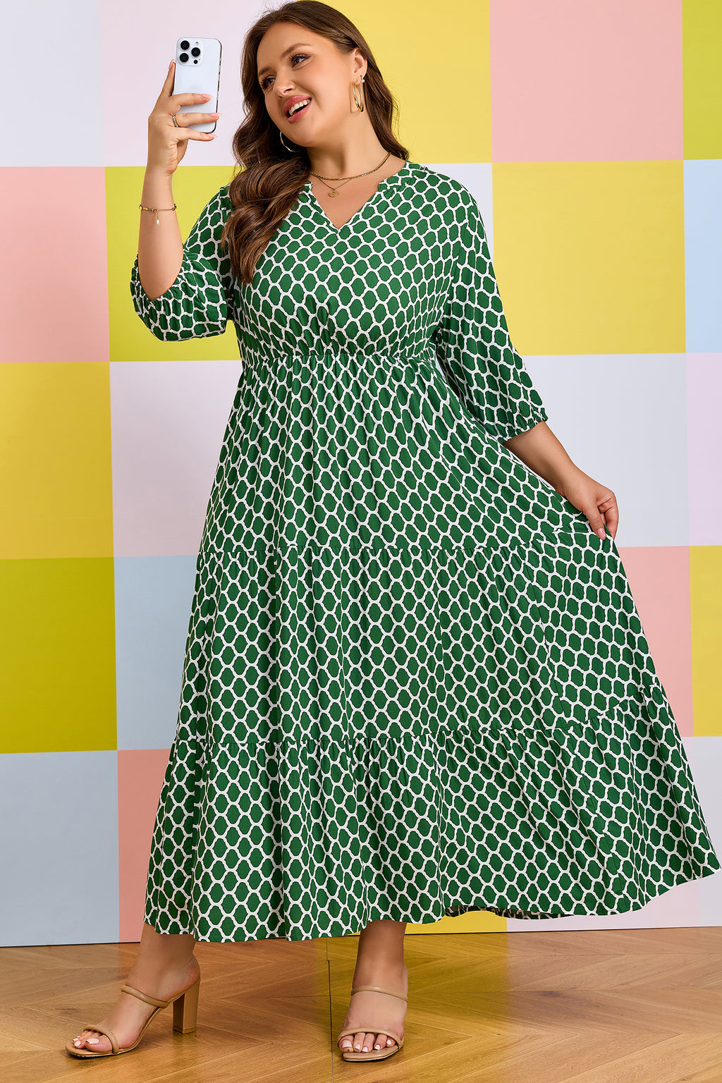 Green Plus Size Geometric Print Pocketed Ruffle Hem Casual Dress 🇺🇸