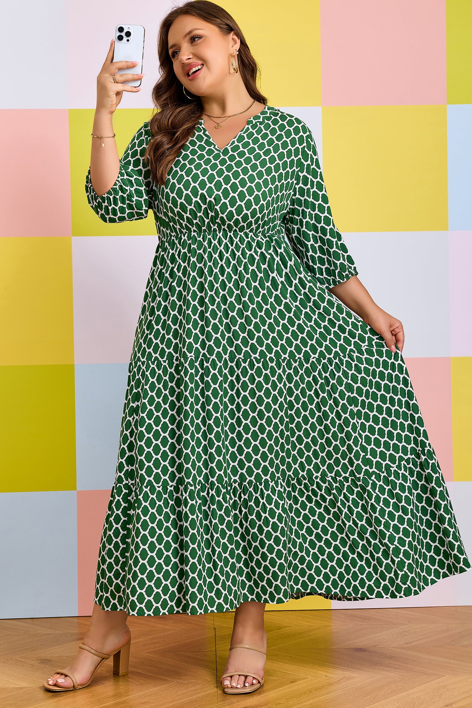 Green Plus Size Geometric Print Pocketed Ruffle Hem Casual Dress 🇺🇸