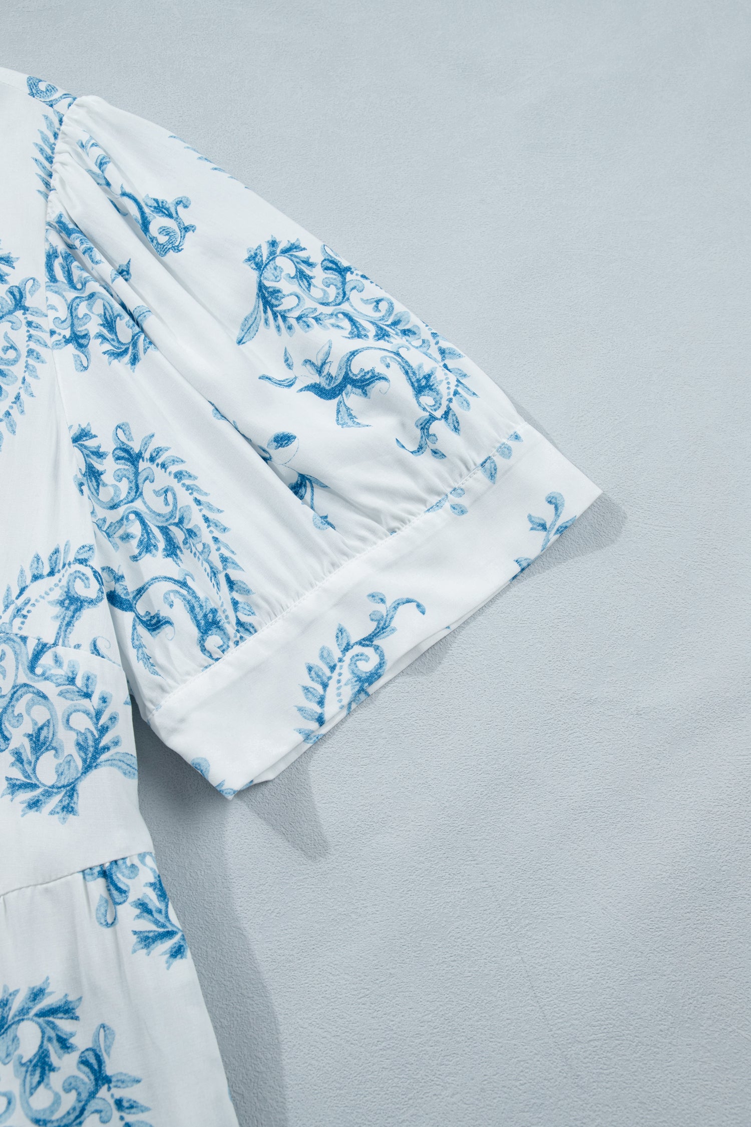 Sky Blue Plus Size Geometric Floral Print Button Split Neck Short Sleeve Maxi Dress 🇺🇸