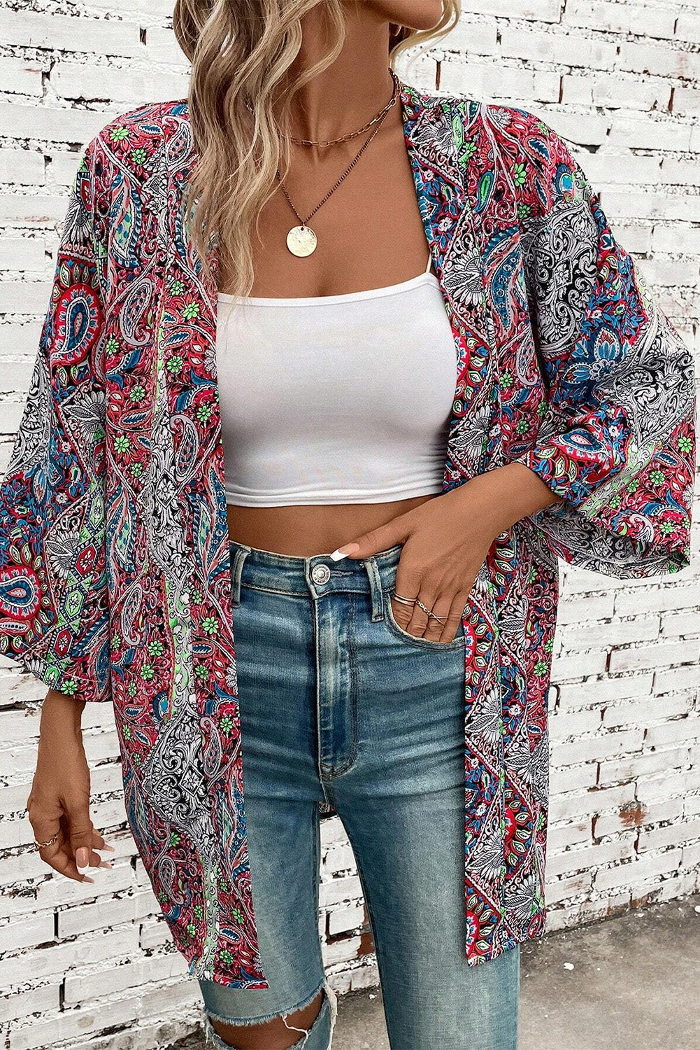 Red Paisley Print Open Front Kimono 🇨🇳