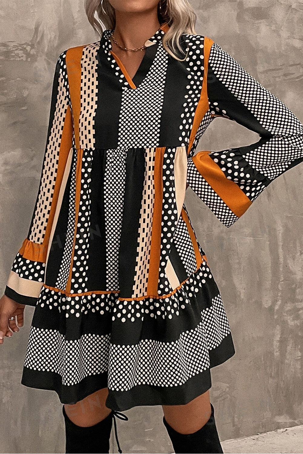 Black Striped Polka Dot Print Ruffled Hem V Neck Mini Dress 🇺🇸