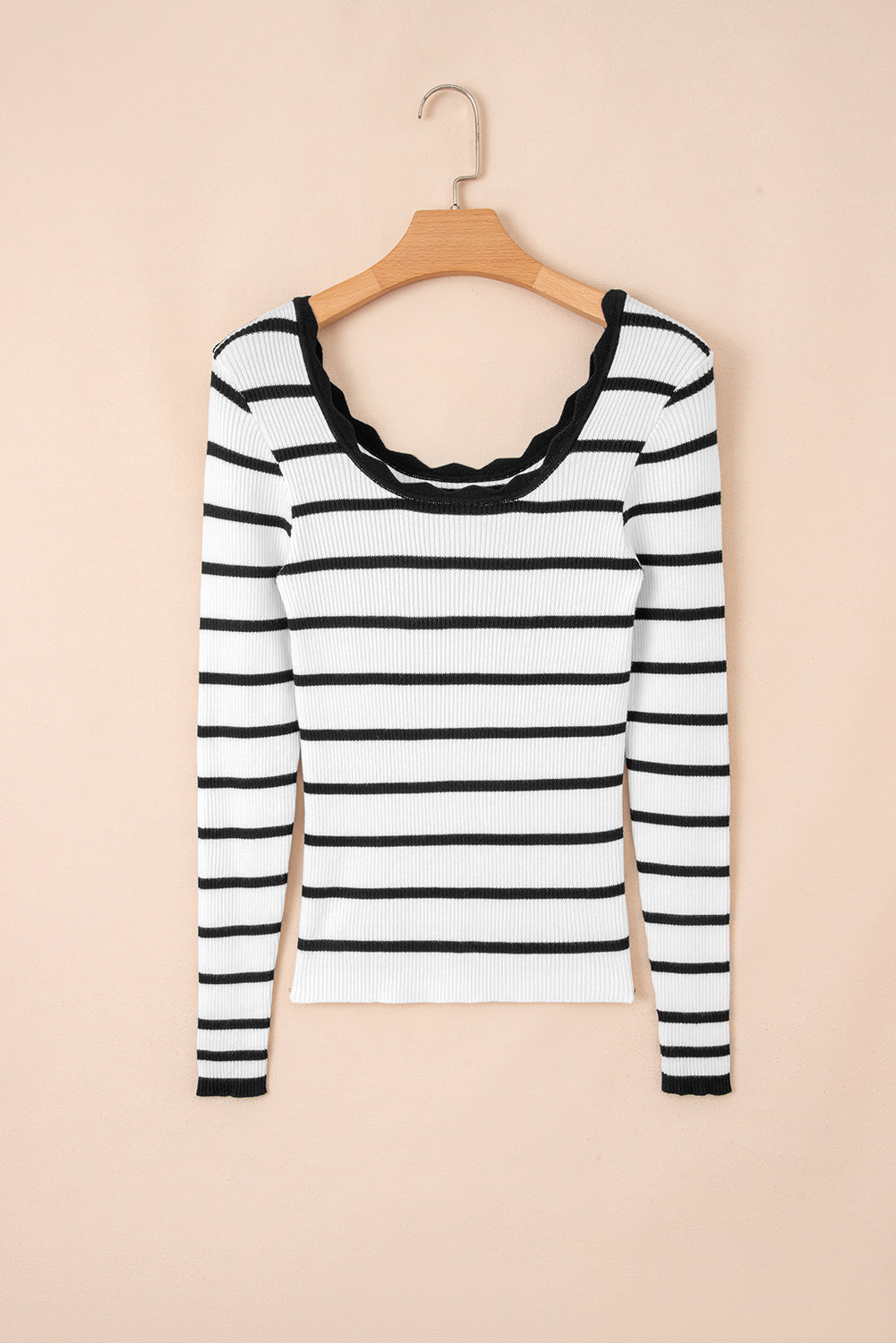Black white Scalloped Trim U Neck Striped Ribbed Slim Sweater 🇺🇸