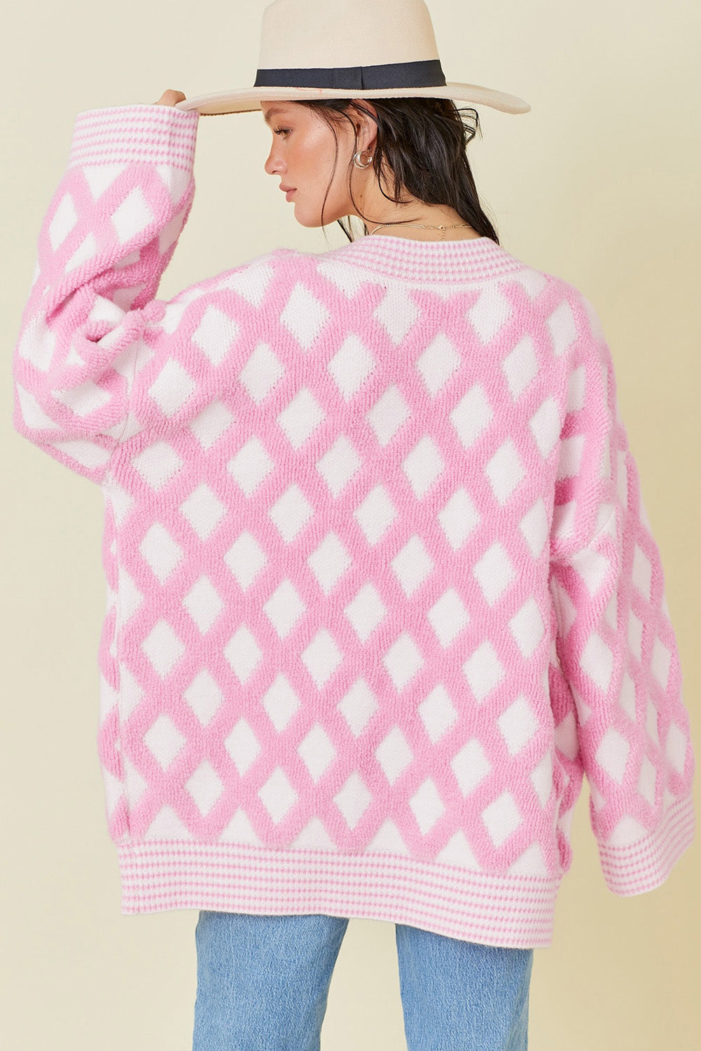 Pink Rhombus Pattern Knit Open Front Pocketed Cardigans 🇺🇲