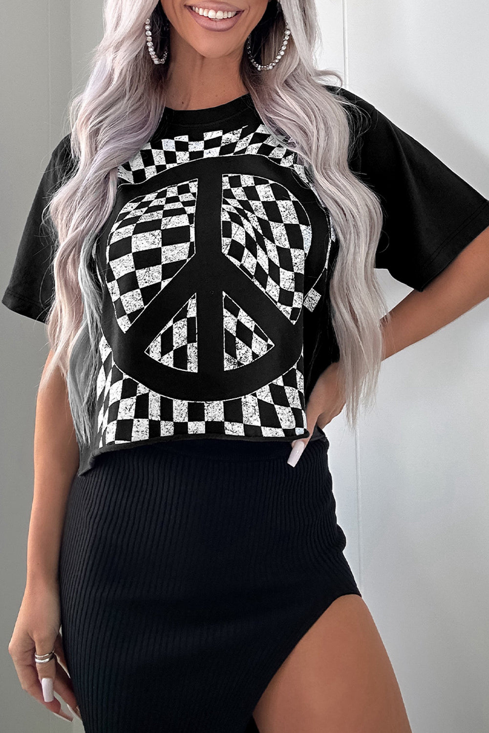 Black Checkerboard Peace Sign Printed Round Neck T Shirt 🇺🇸