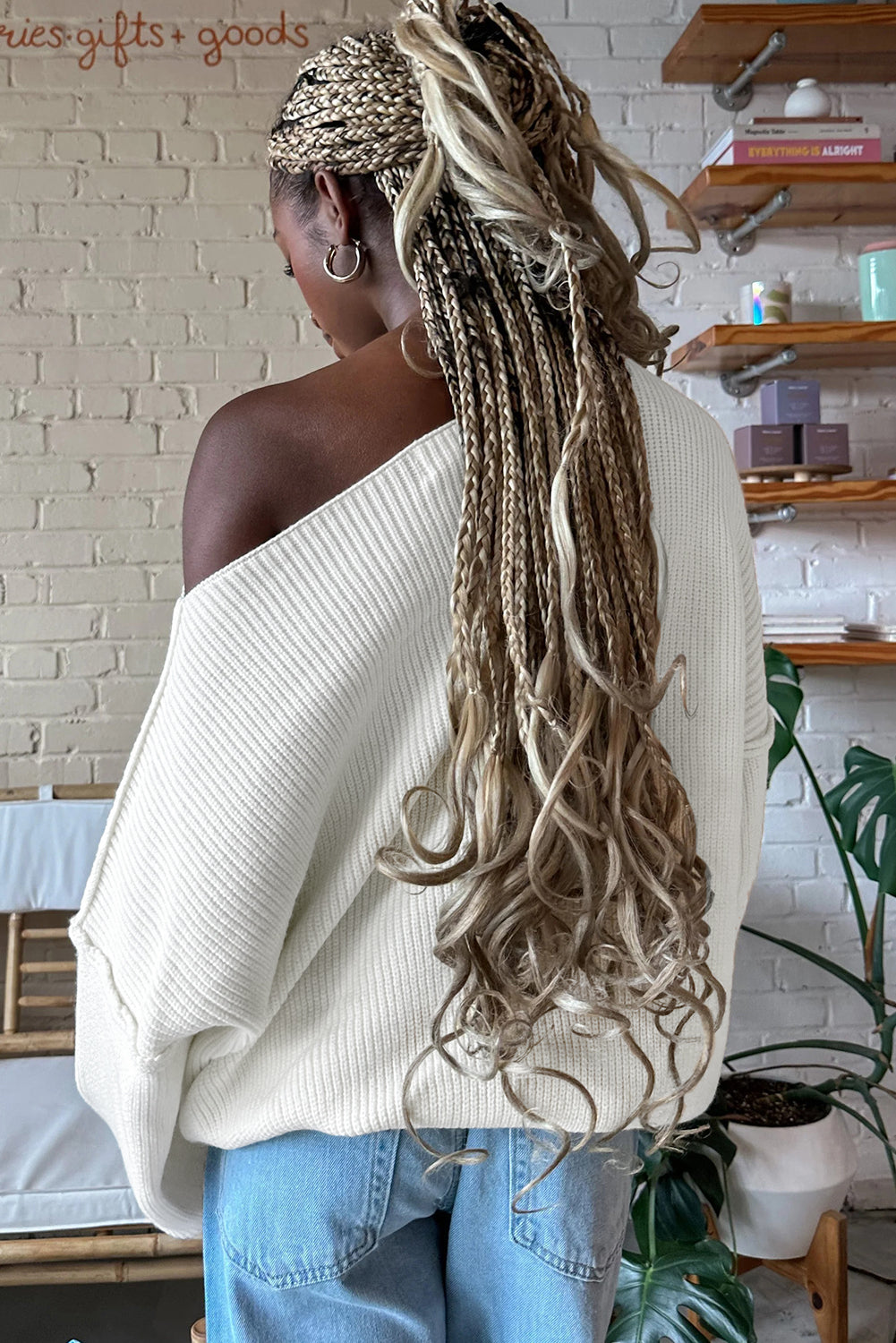 White Asymmetric Neck Drop Shoulder Baggy Slouchy Sweater 🇺🇸