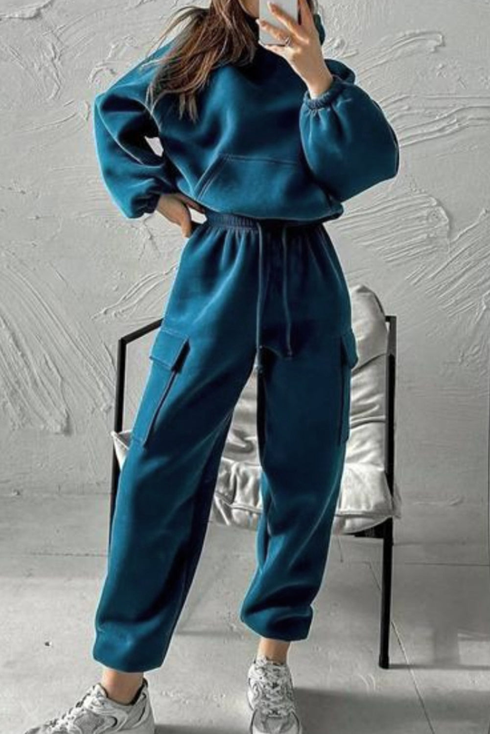 Peacock Blue Cozy Hooded Sweatshirt Drawstring Elastic Waistband Cargo Pant Set 🇺🇸
