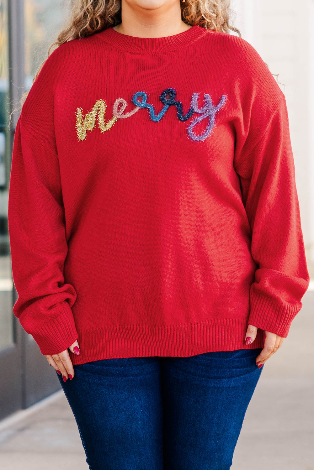 Fiery Red Tinsel merry Pattern Drop Shoulder Plus Size Sweater 🇺🇸
