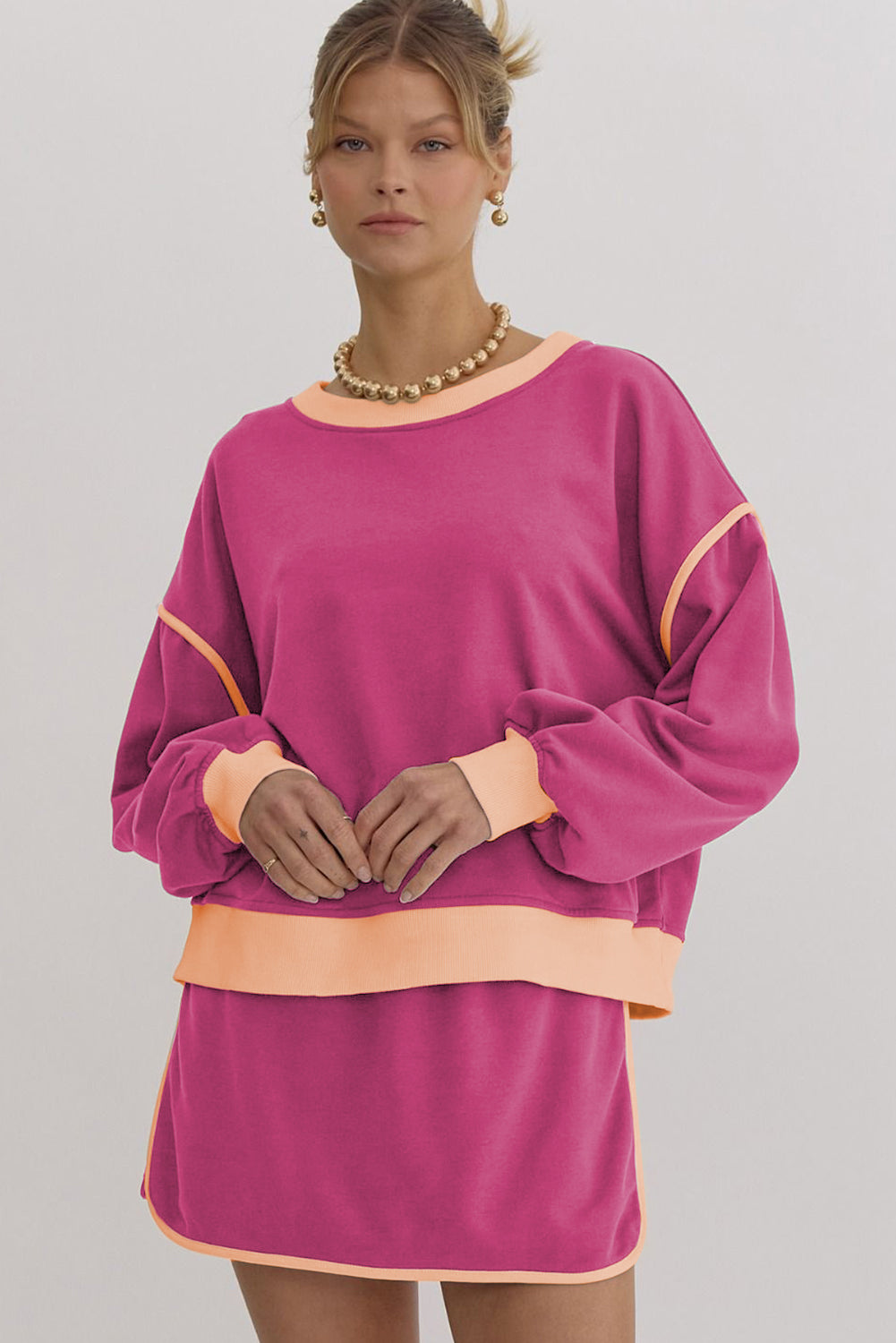 Rose Red Color Contrast Loose Pullover and Lace-up Waist Skort Set 🇨🇳