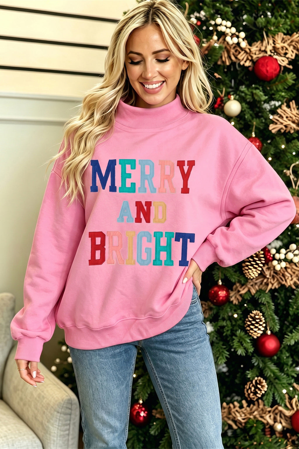 White MERRY AND BRIGHT Stitched Letter Pattern Mock Neck Sweatshirt 🇺🇸