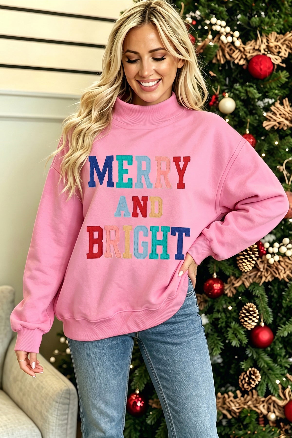 White MERRY AND BRIGHT Stitched Letter Pattern Mock Neck Sweatshirt 🇺🇸