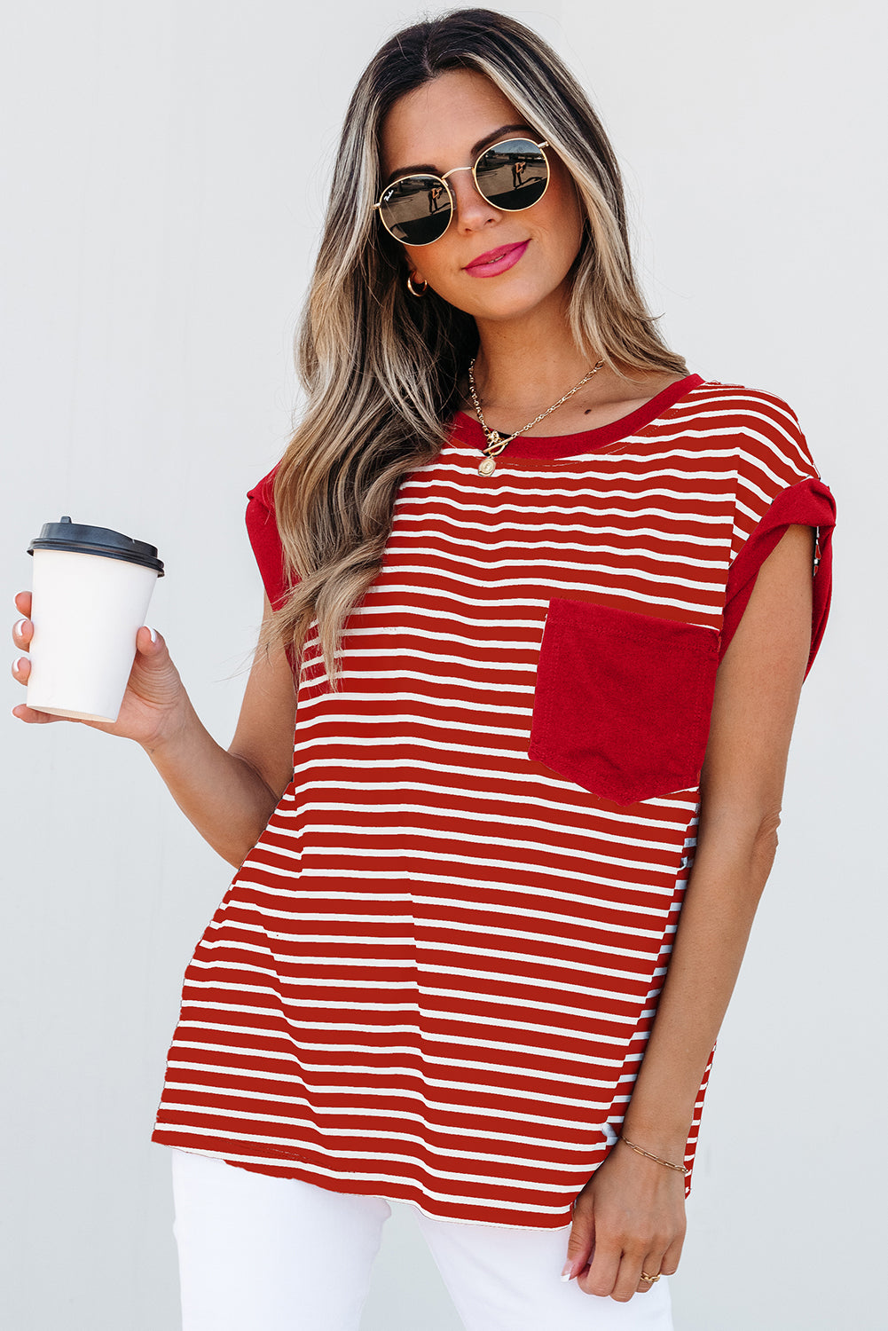 Red Stripe Chest Pocket Patch Round Neck Tank Top 🇨🇳