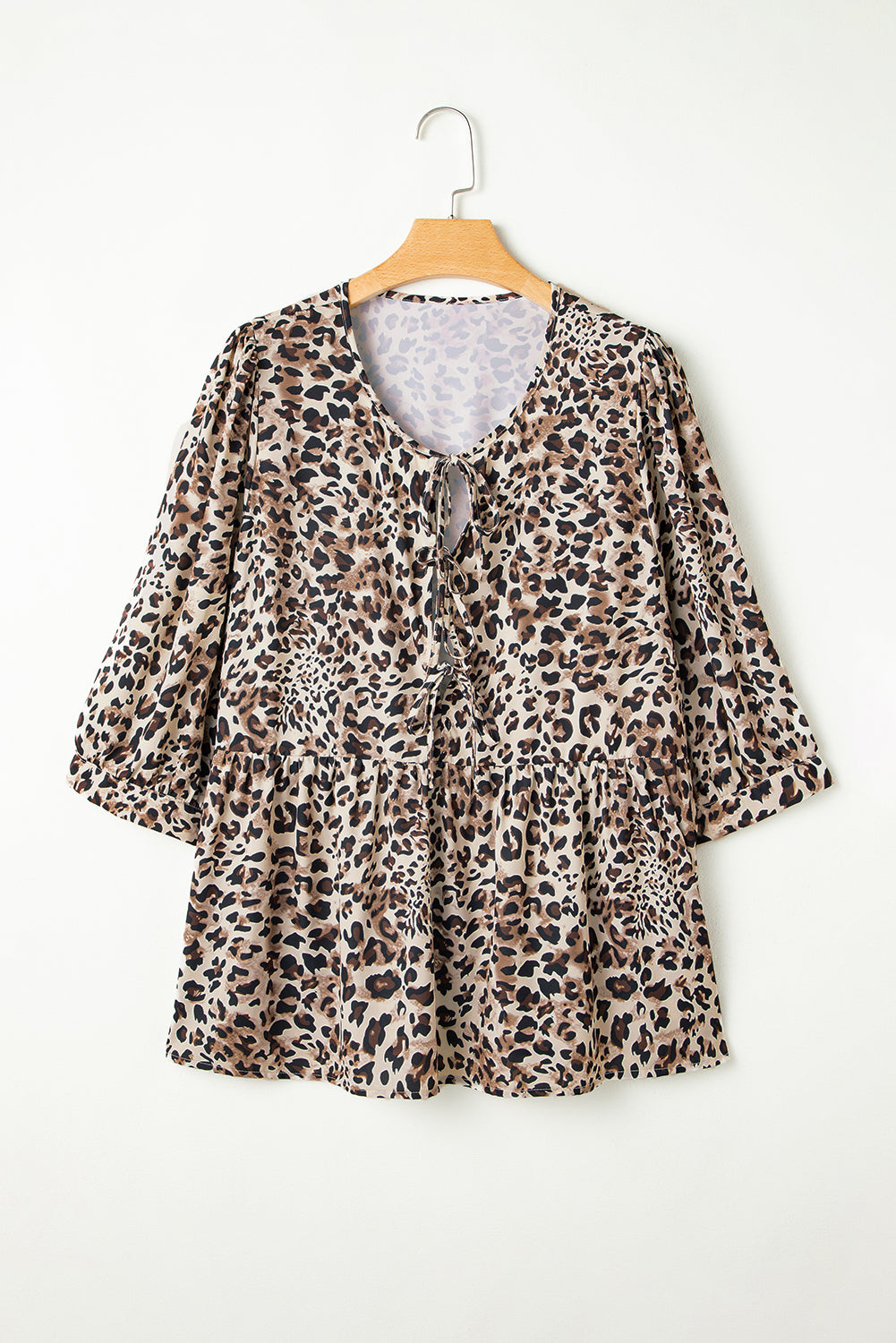Khaki Leopard Print Lace-up Ruffled 3/4 Sleeve Plus Size Blouse 🇨🇳