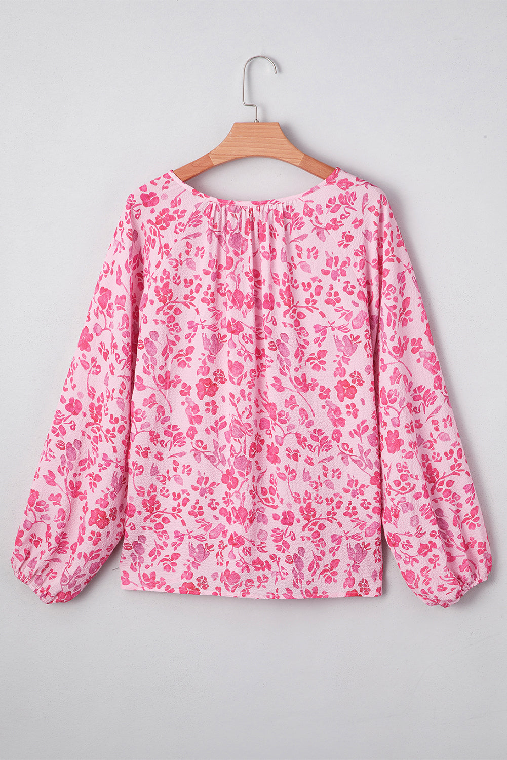 Pink Floral Puff Sleeve Split Neck Lightweight Blouse 🇺🇸