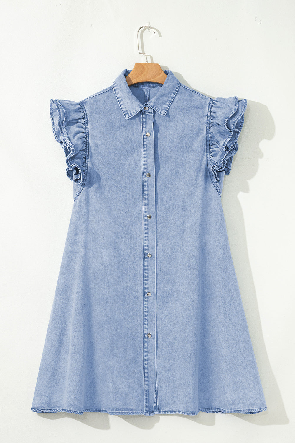 Beau Blue Double Ruffled Sleeves Buttoned A-line Collared Mini Denim Dress 🇨🇳