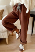 Coffee Fleece Lined Leopard Drawstring Elastic Waist Solid Pants 🇺🇸