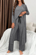 Dark Grey 3pcs V Neck T Shirt Ribbon Knot Pants Open Duster 3pcs Lounge Set 🇺🇸