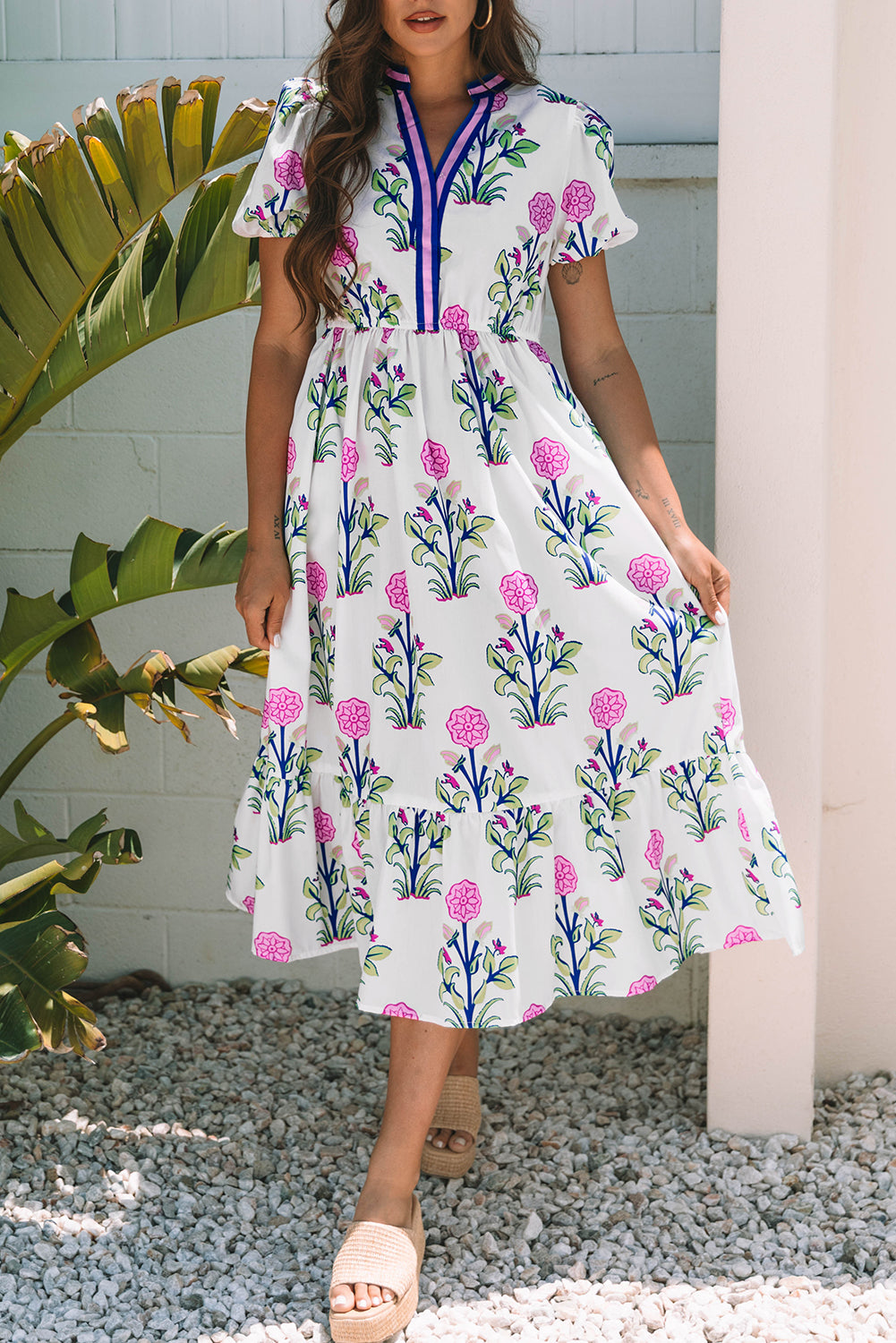 White Floral Puff Short Sleeve V Neck High Waist Maxi Dress 🇨🇳