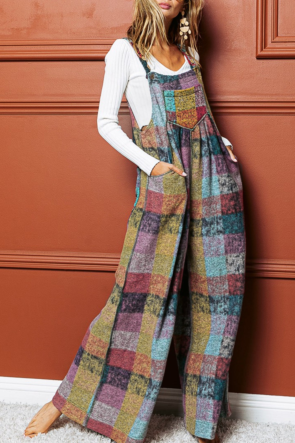 Multicolour Brushed Checkered Wide Leg Overalls 🇺🇸