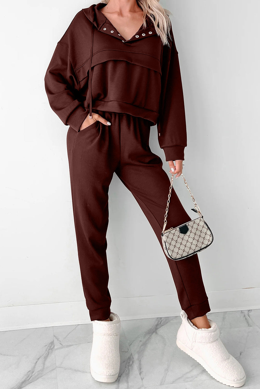 Chicory Coffee Button Drawstring Cropped Hoodie Jogger 2pcs Set 🇺🇸