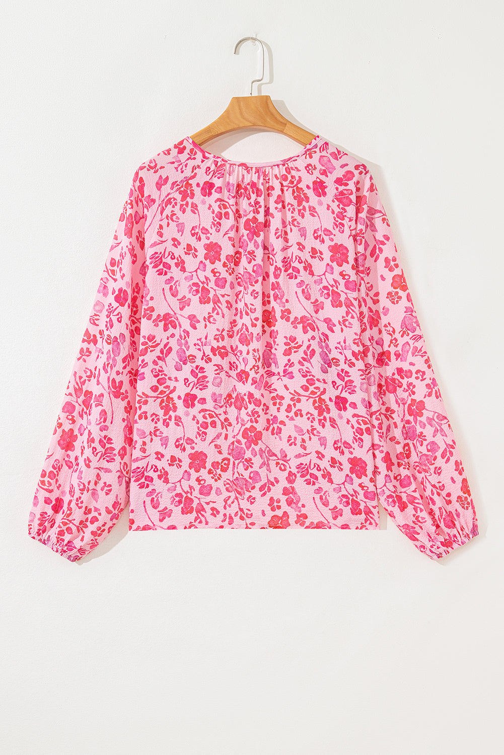 Pink Floral Puff Sleeve Split Neck Lightweight Blouse 🇺🇸