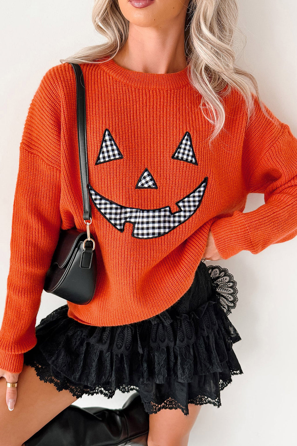 Orange Drop Shoulder Long Sleeve Round Neck Halloween Sweater 🇺🇸
