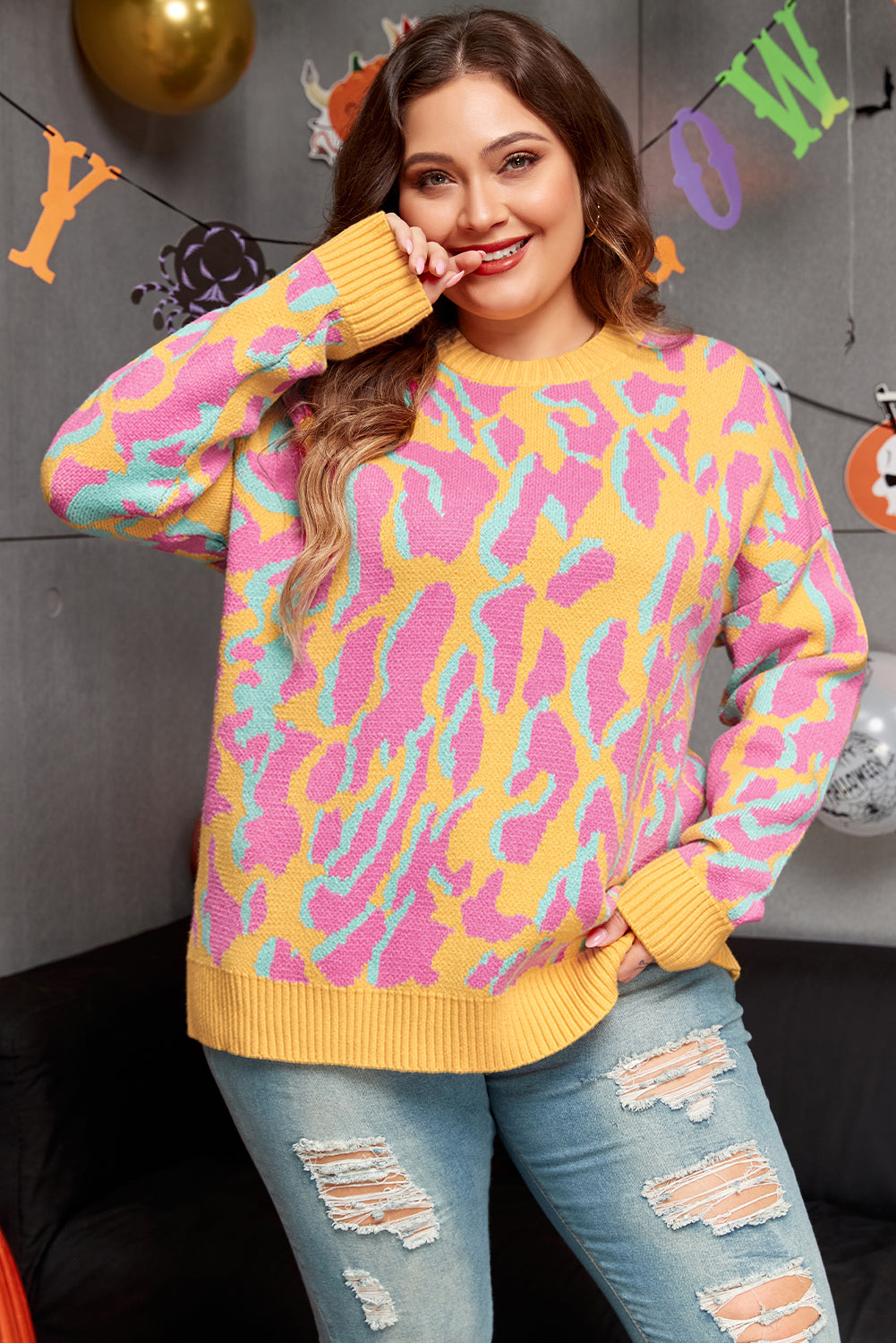 Bright Pink Plus Size Leopard Ribbed Trim Sweater 🇺🇸