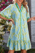 Sky Blue Botanical Floral Print Frilled Trim V Neck Button Front Loose Dress 🇺🇸
