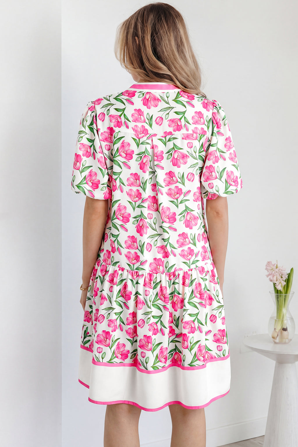 Multicolour Sweet Floral Print Striped Color Block Trim Short Dress 🇺🇸