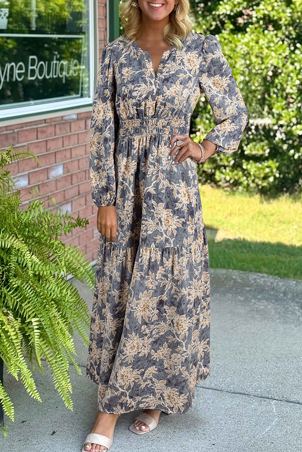 Sky Blue Floral Print Smocked High Waist Long Sleeve Maxi Dress 🇺🇸