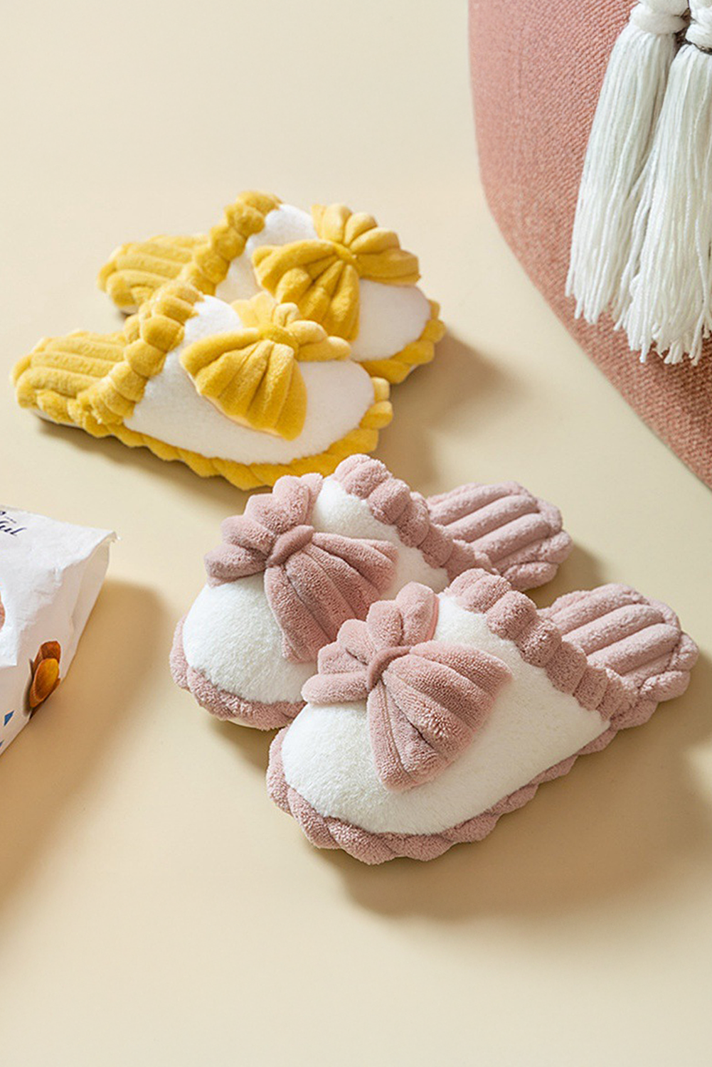 Fushia Bow Decor Color Block Ribbed Plush Slippers 🇨🇳