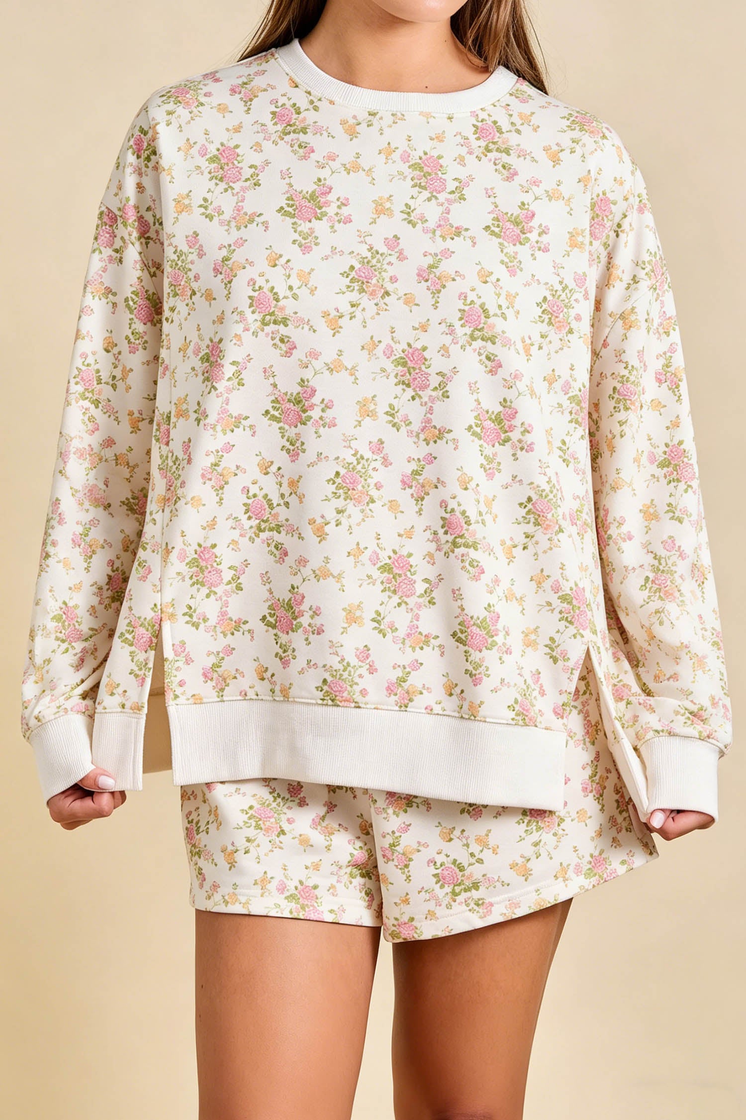 Beige Floral Print Long Sleeve Shift Top Pocketed Shorts 2pcs Set 🇺🇸
