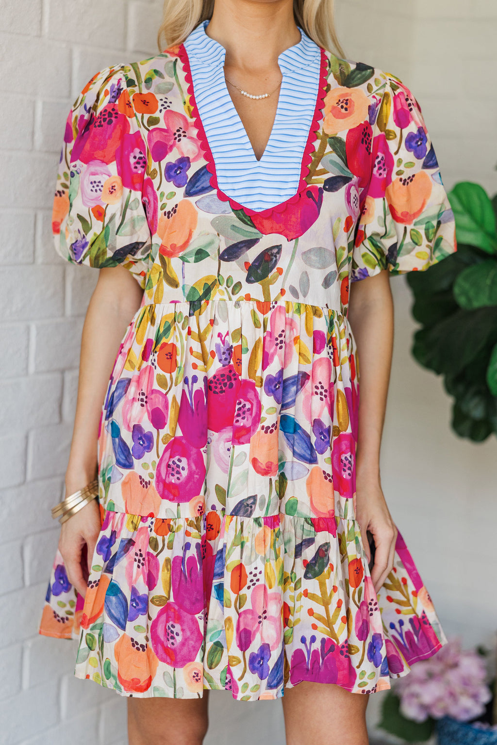 Rose Bright Floral Print Ricrac Trim Striped Patchwork V Neck Dress 🇺🇸
