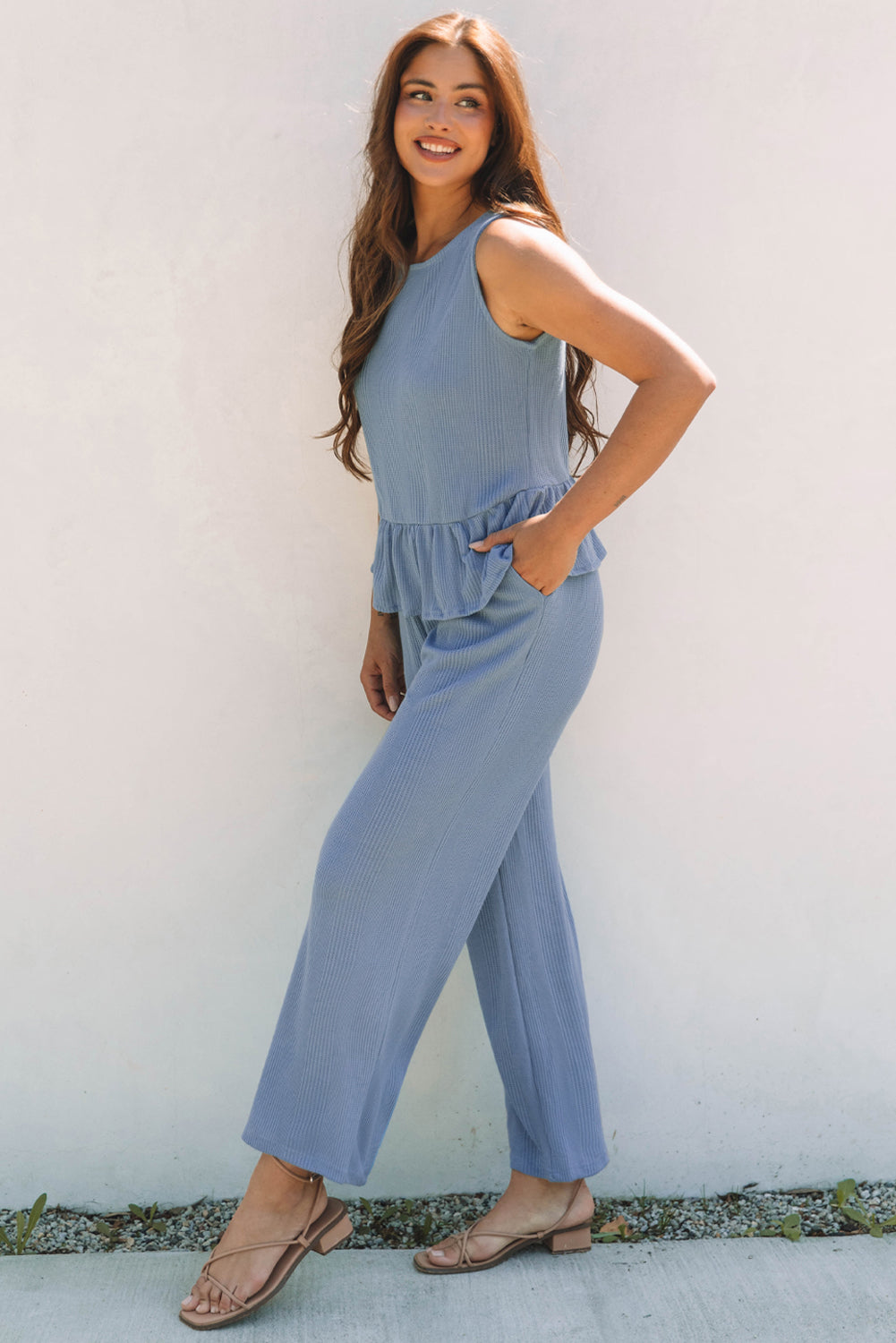 Beau Blue Solid Color Ribbed Ruffle Tank Top and Pants Set 🇨🇳