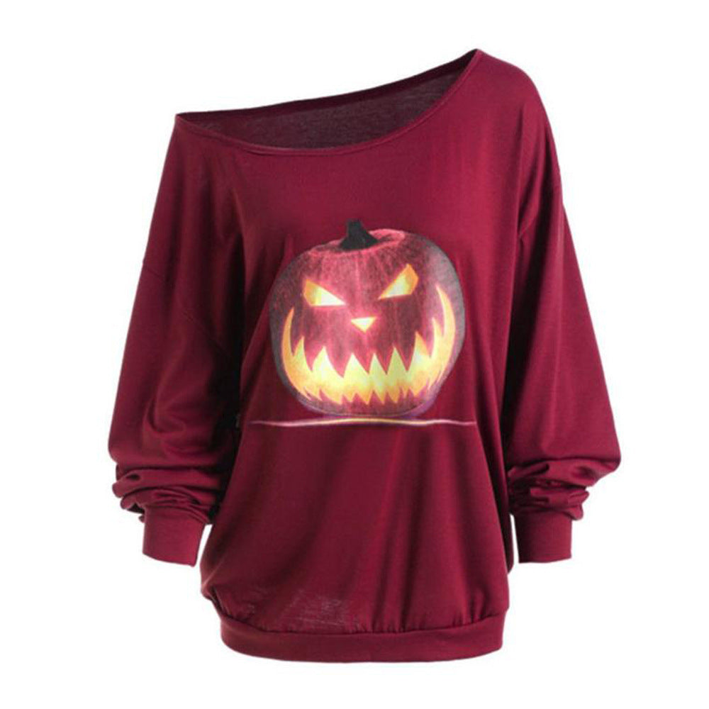 Cross Shoulder Halloween Angry Pumpkin Print Top 🇨🇳