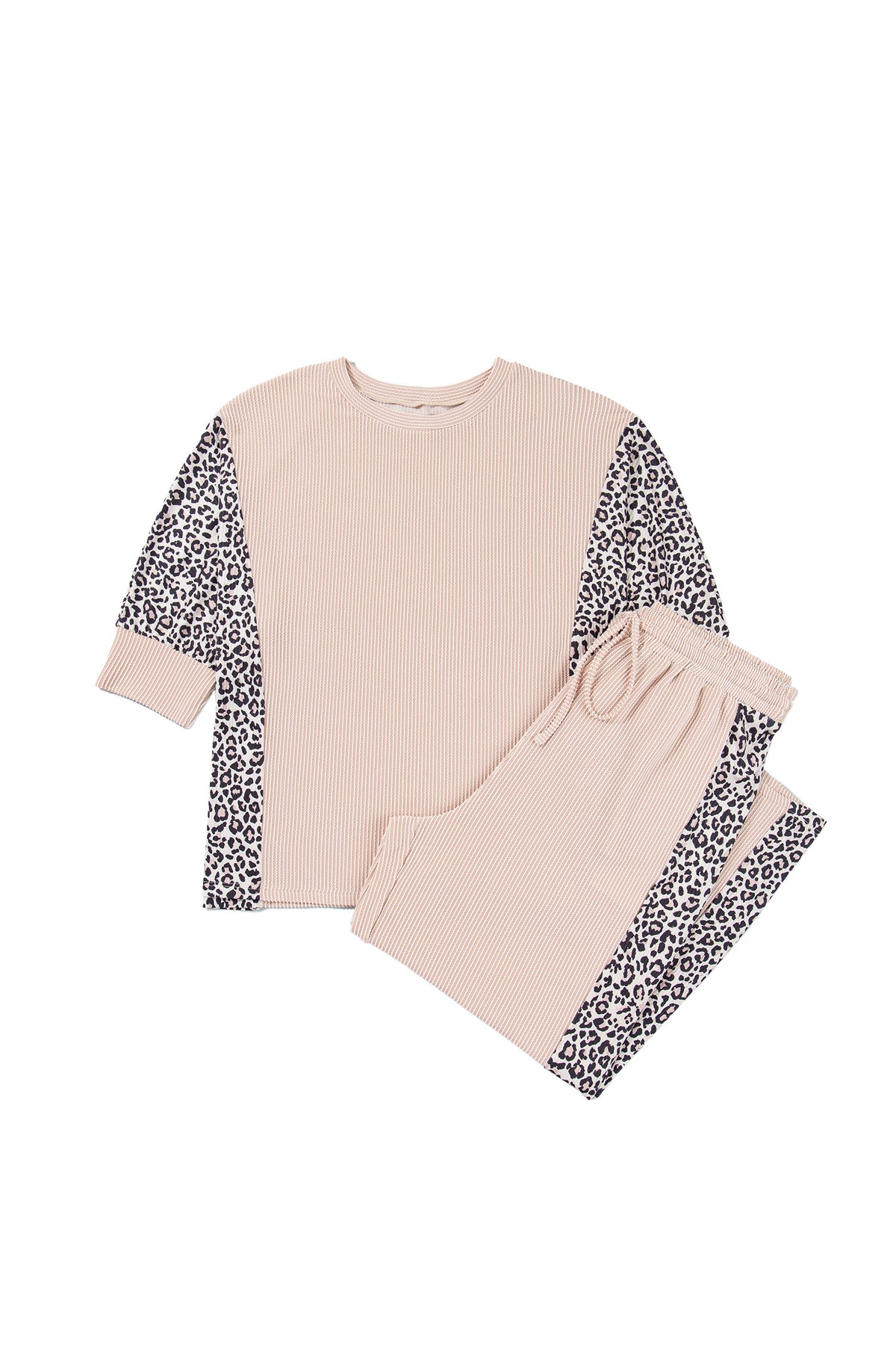 Light French Beige Leopard Print Ribbed Twist Long Sleeve Top Pants Plus Size Set 🇺🇸