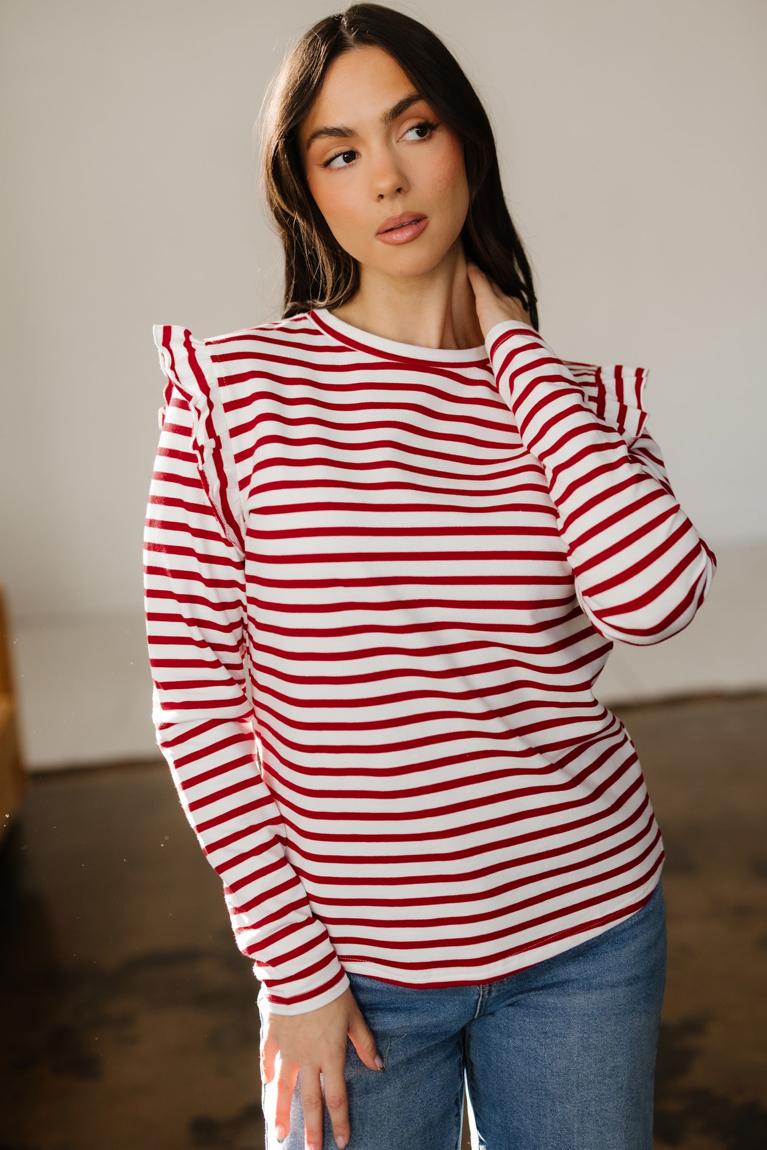 Red Stripe Round Neck Ruffle Trim Long Sleeve Top 🇺🇸