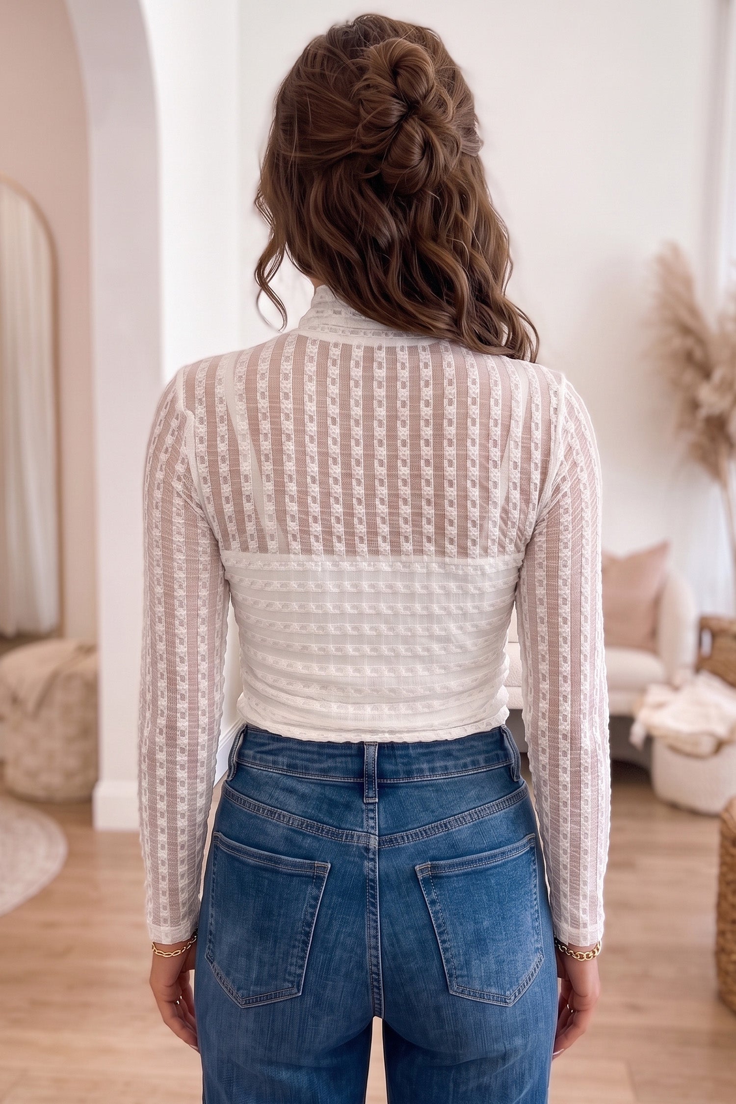 Beige Textured Sheer Lace High Neck Long Sleeve Top 🇺🇸