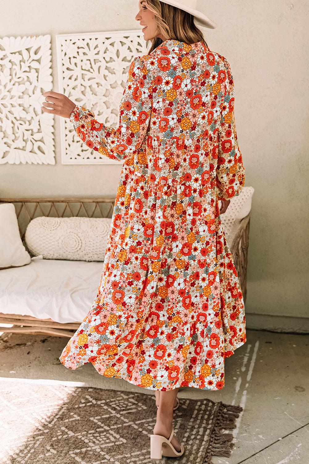 Multicolor Boho Floral Collared Long Sleeve Ruffled Dress 🇺🇸