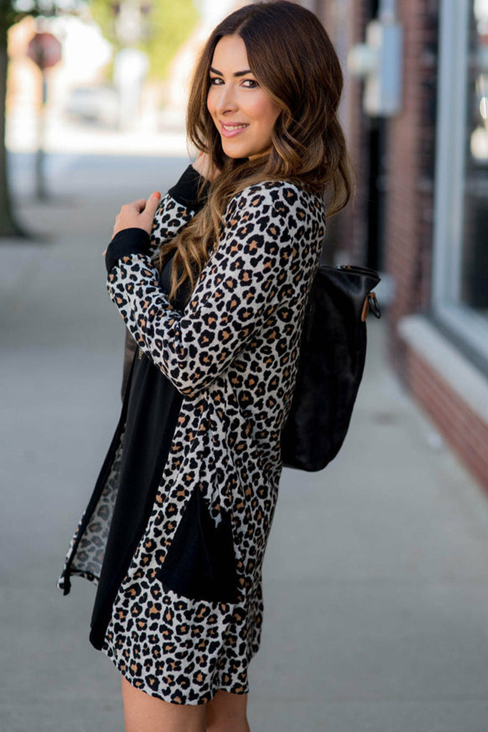 Black Leopard Patched Pocket Open Front Cardigan 🇺🇸